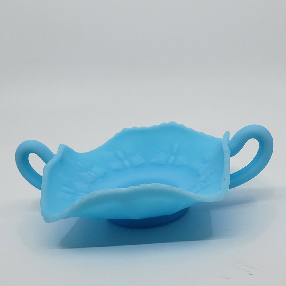 Vintage Fenton Glass Blue Satin Candy Bon Bon Dish Butterfly Two Handles